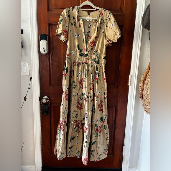 Anthropologie The Somerset Maxi Dress Cotton Tiered XL Khaki Beige Floral Puff - Picture 2 of 16